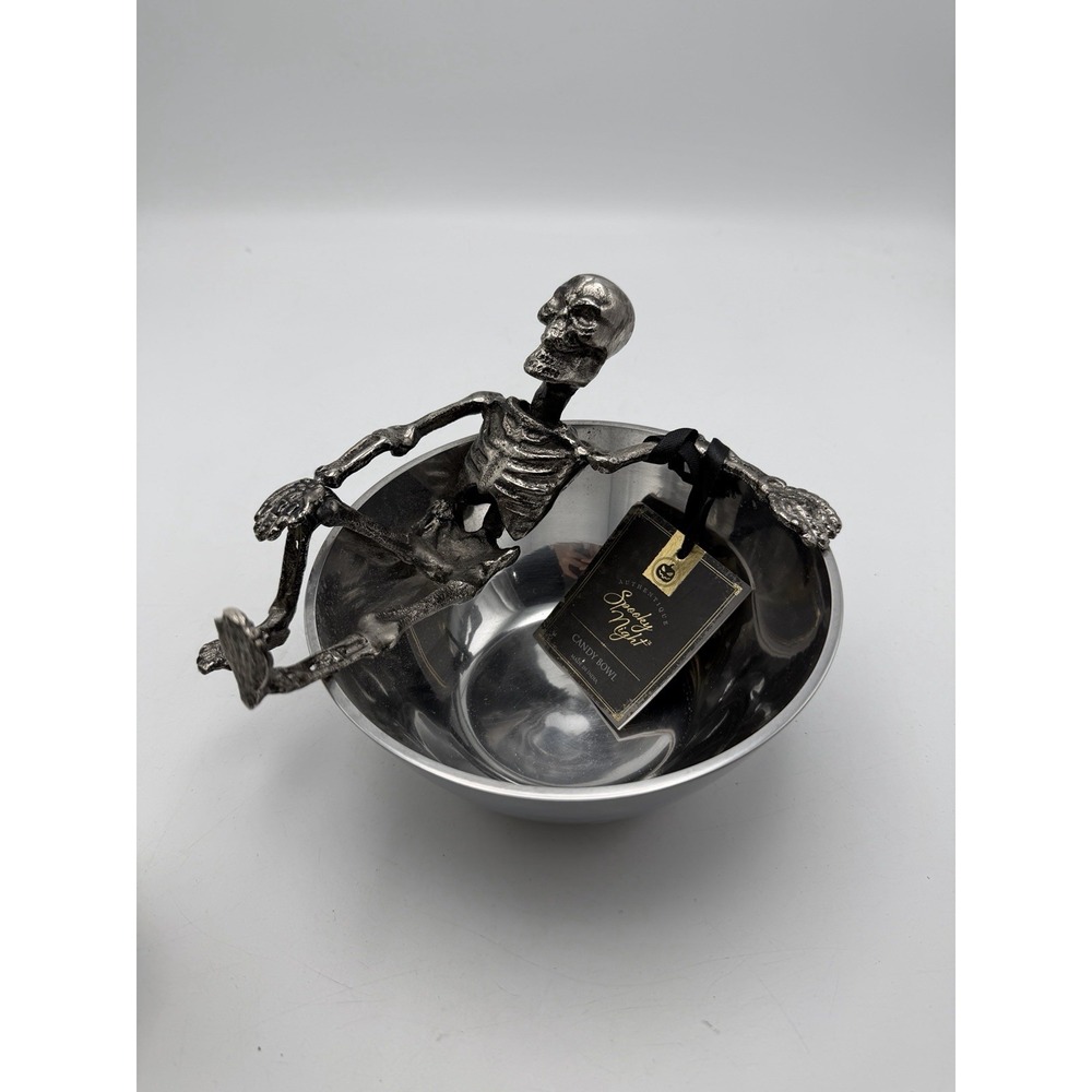 Authentique Spooky Night Skeleton Candy Bowl Silver Metal Halloween 7"